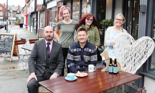 Urmston small business owners Wayne Devlin & Mark Rackham (front) Kerry Armstrong, Beverley Jesson & Caroline Foley
