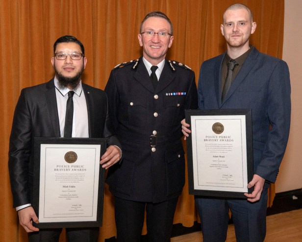 Miah Uddin and Adam Ward with Chief Constable Ian Hopkins