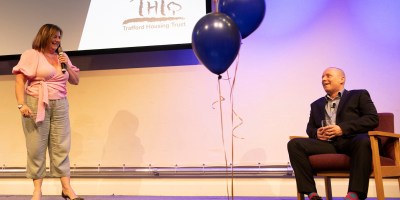 Deborah Elgar on stage with Larry Gold at the THT awards ceremony