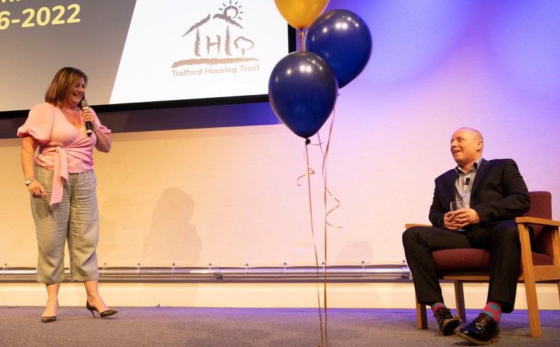 Deborah Elgar on stage with Larry Gold at the THT awards ceremony